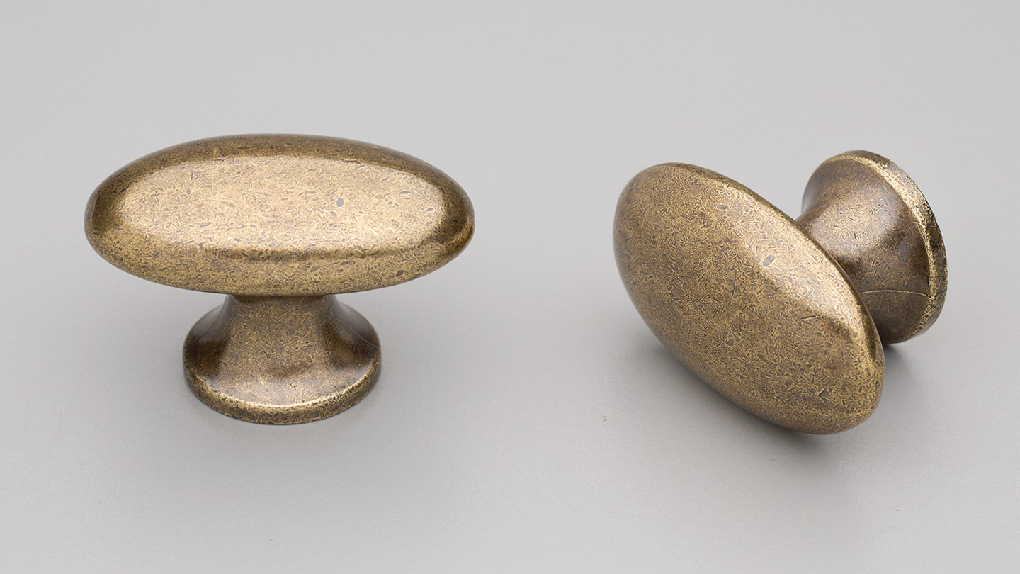 HT785 BRASS Hampton / Shaker oval knob large smooth for kitchen,bedroom,furniture colours Antique Brass (AB),Rustic Grey (RG) mm, size overall 59 mm hole centre distance 16 mm