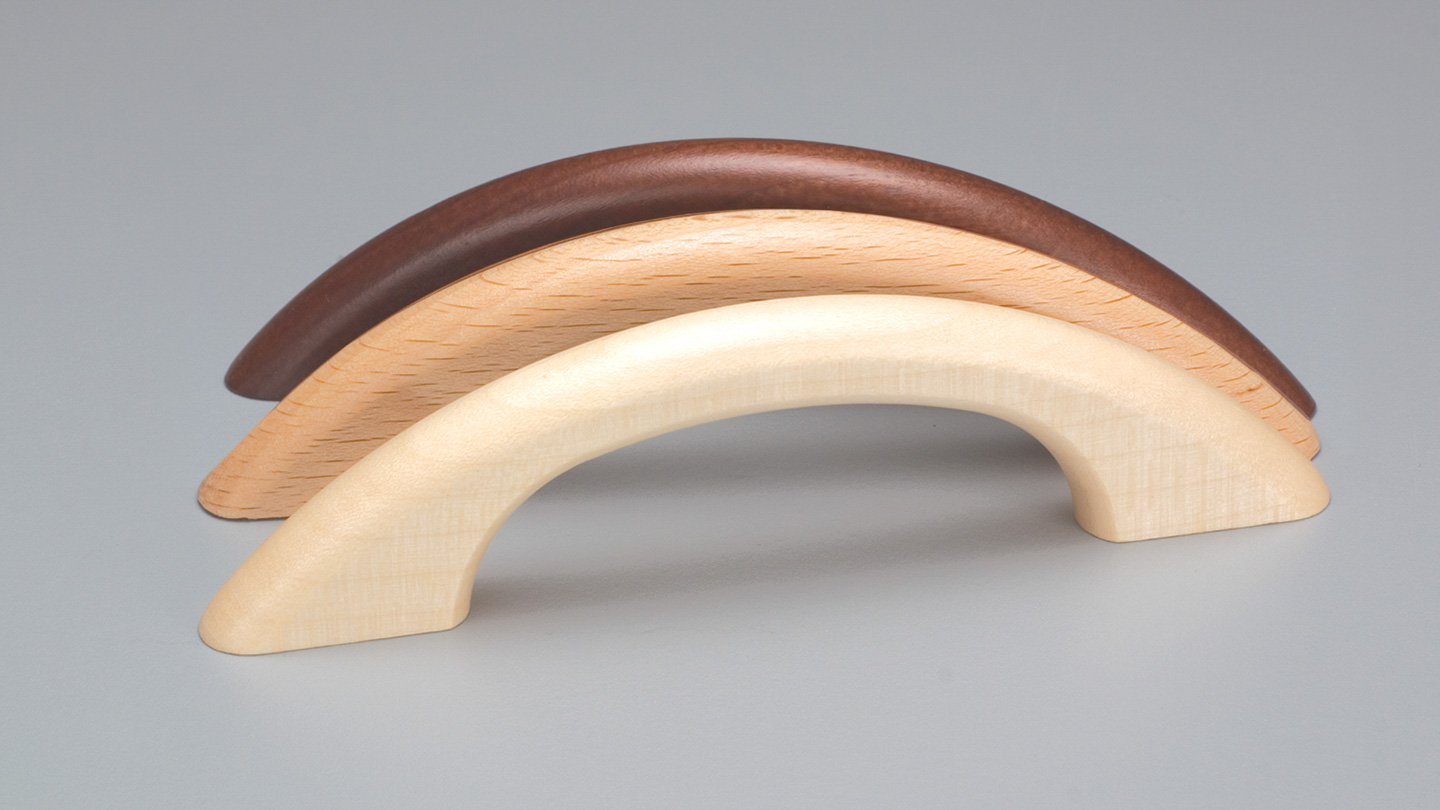 L49 timber bow handle oval section for kitchen,bedroom,furniture colours Beech (BE),Mahogany (MH),Maple (MA) mm, size overall 128 mm hole centre distance 96 mm